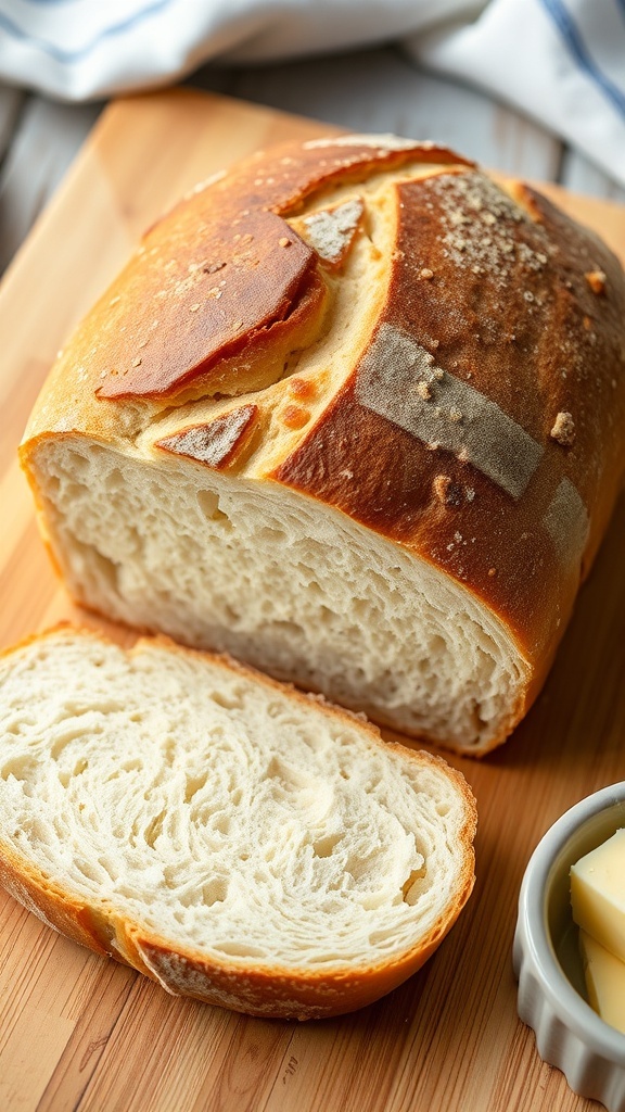 A golden-brown sourdough bread loaf on a cutting board with a slice cut out, showing the airy crumb.